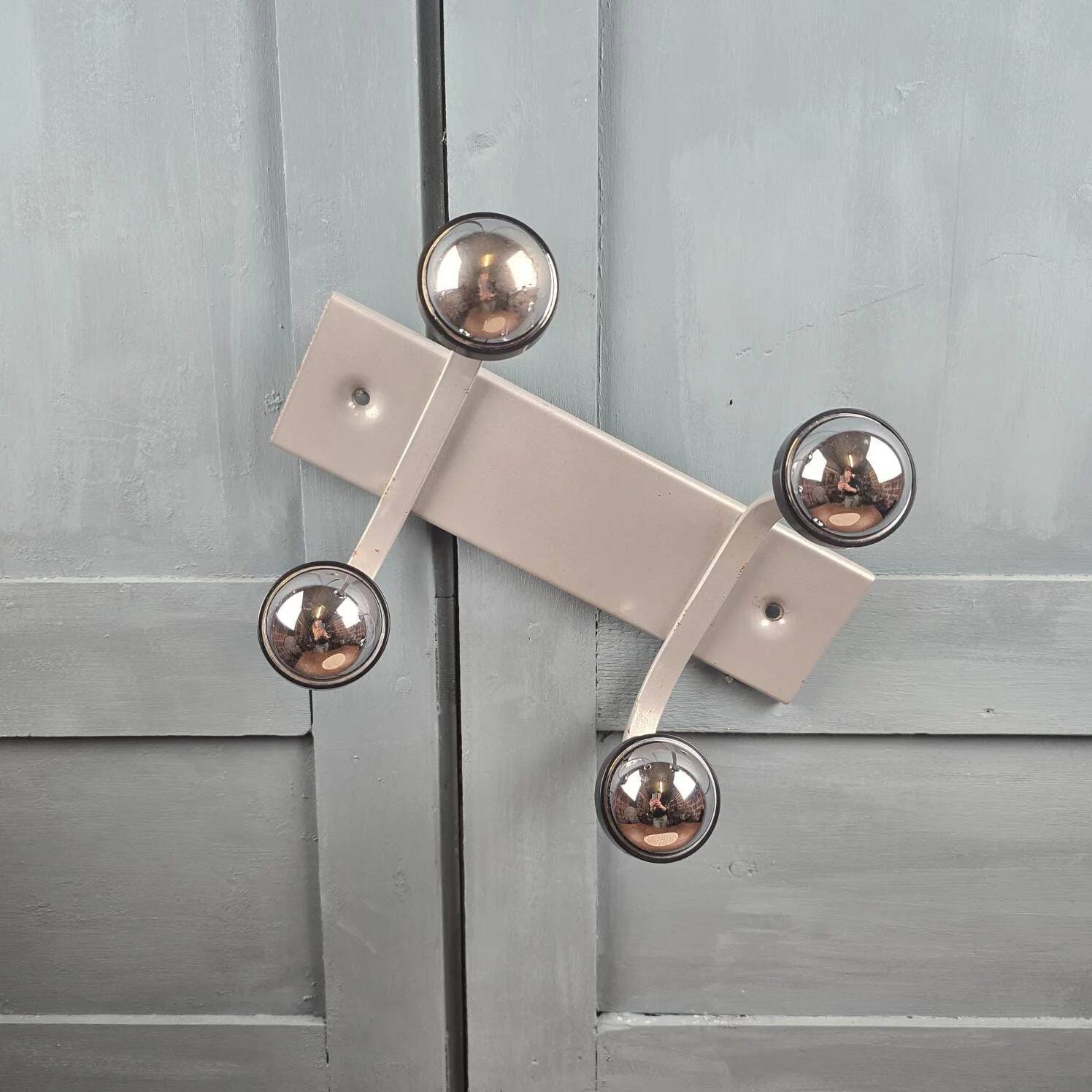 Grey Space Age wall coat rack with 4 chrome ball hooks vintage