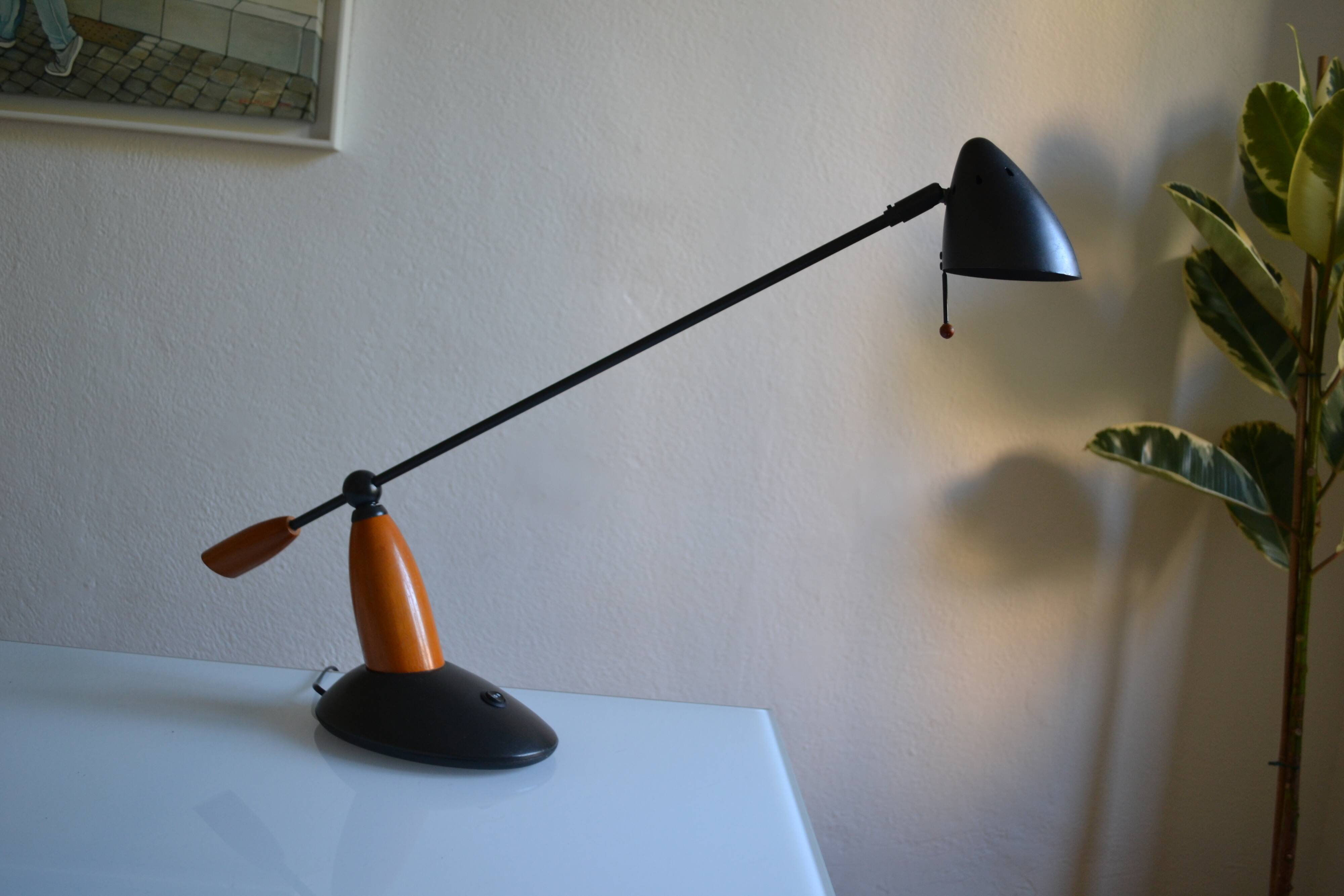 Vintage postmodernist metal and wood table lamp from the 1980s