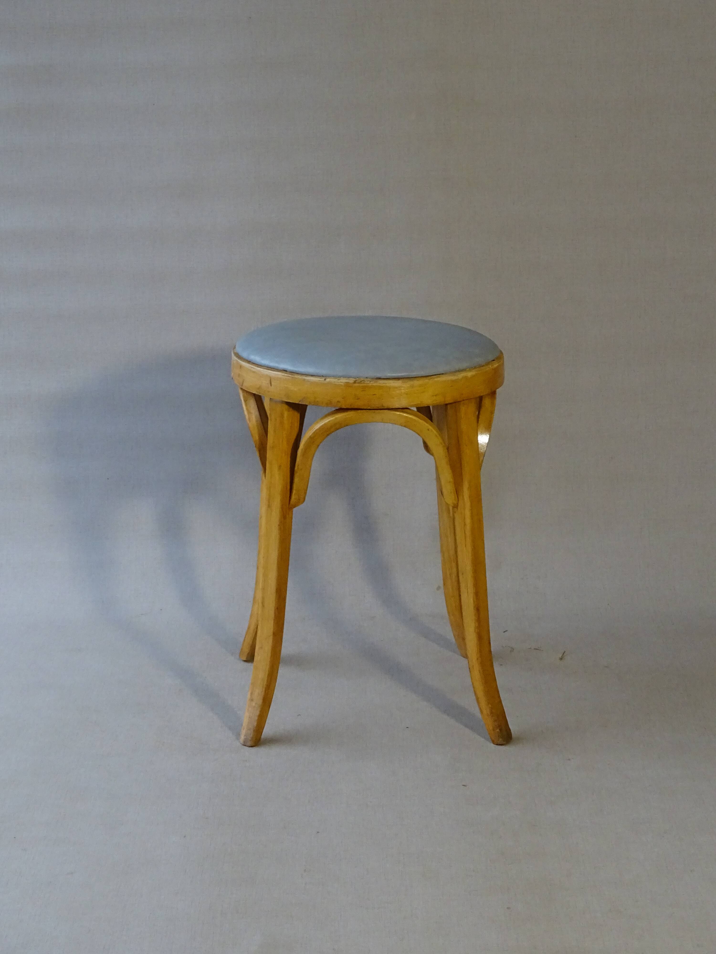 Baumann low stool, circa 1950/60, leatherette seat, curved wood