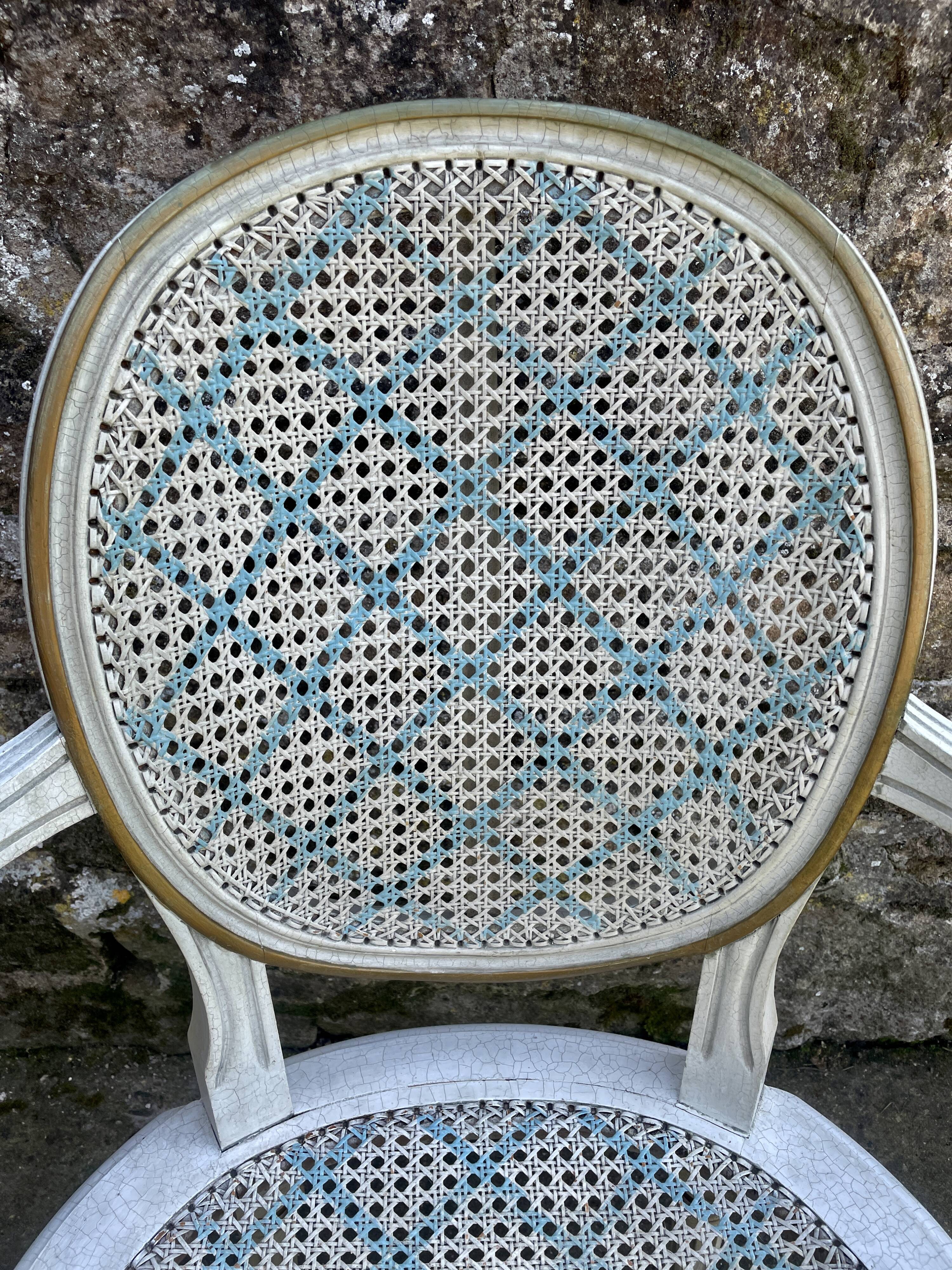 White and blue caned medallion armchair Louis XVI