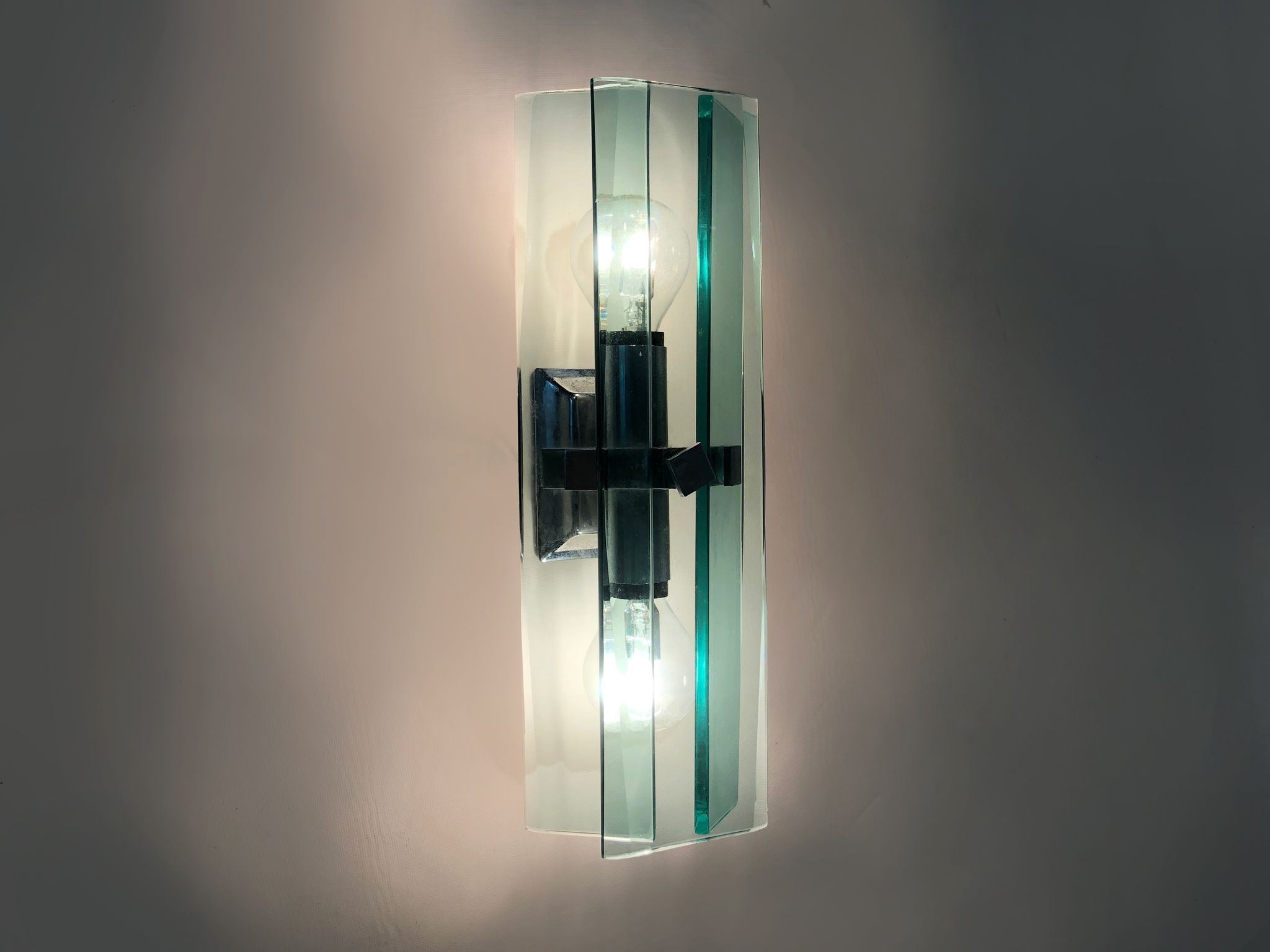 Stainless steel wall lamp and bluish glass, 2 lights, Veca 1960