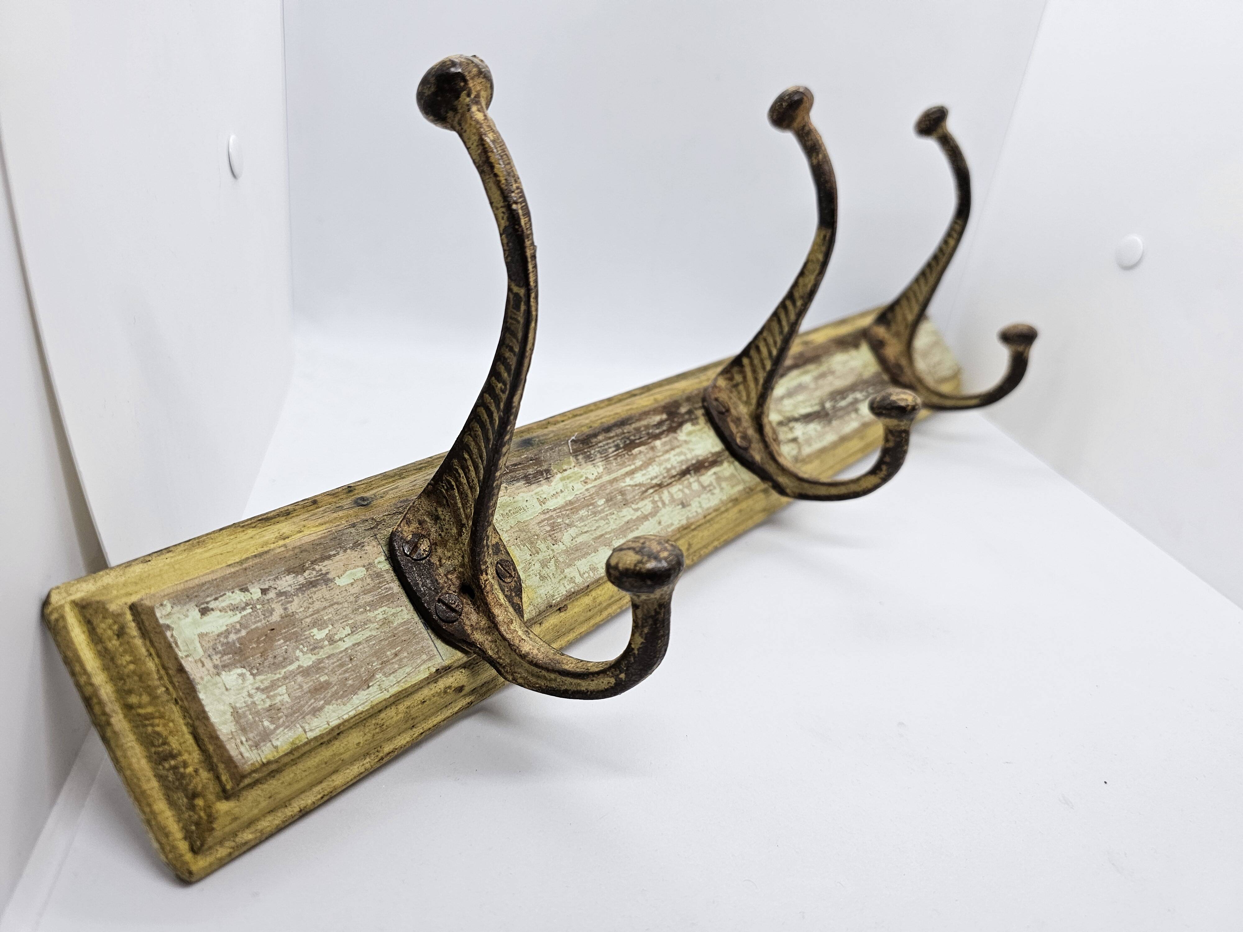 Solid teak coat hook with 3 double cast iron hooks