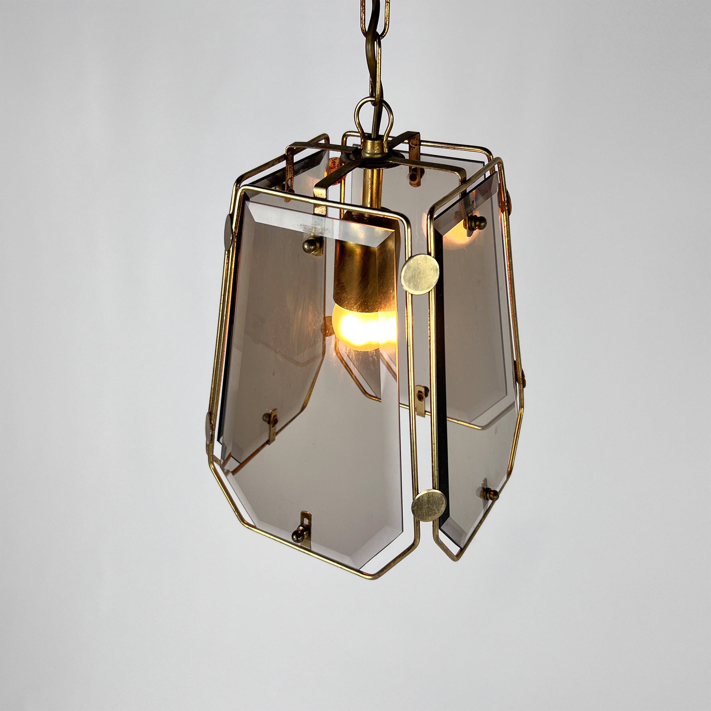 French Brass and Smoked Glass Hal Pendant, 1970s