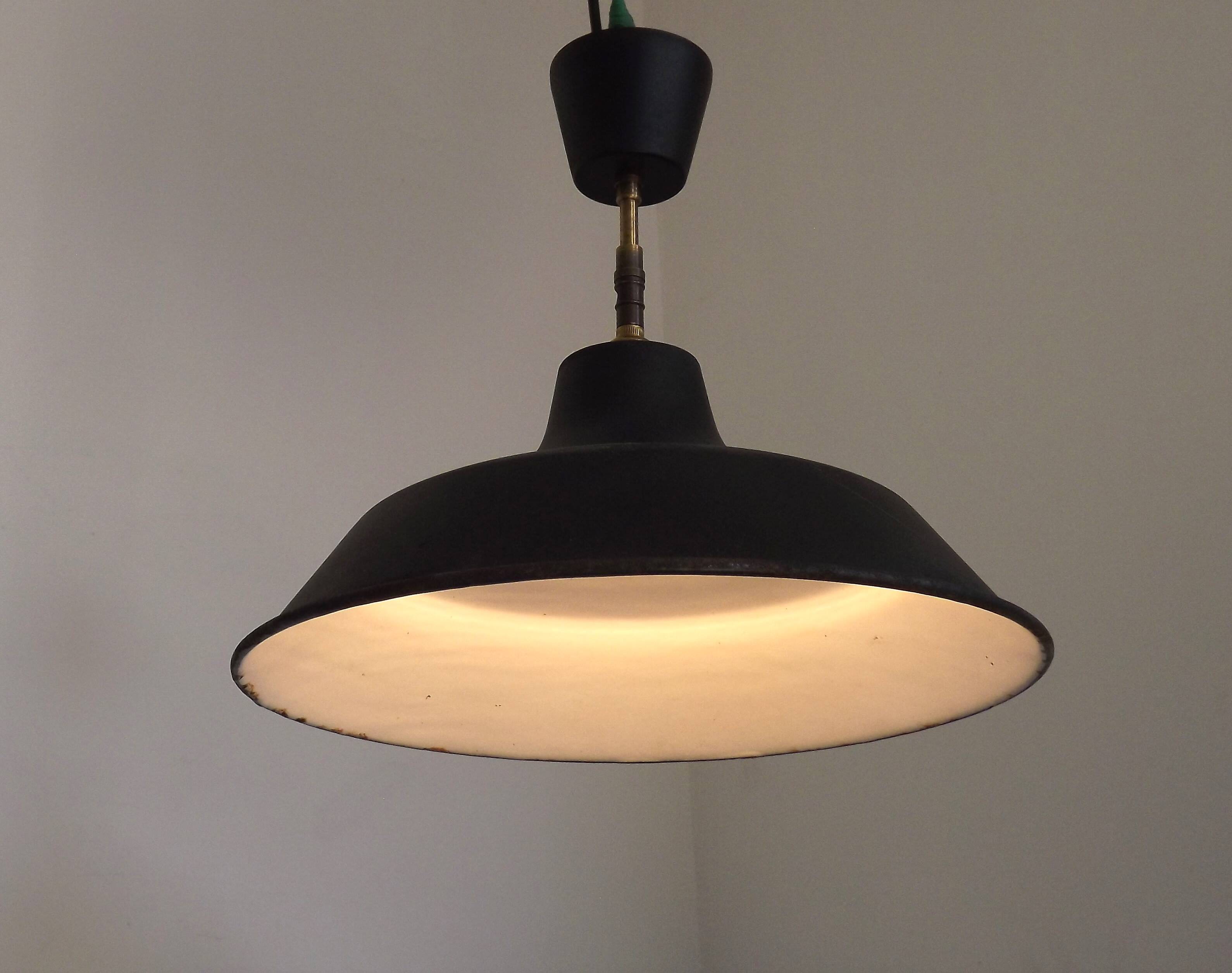 French Vintage 1950s Industrial Light In Black Metal White Enamal & Brass