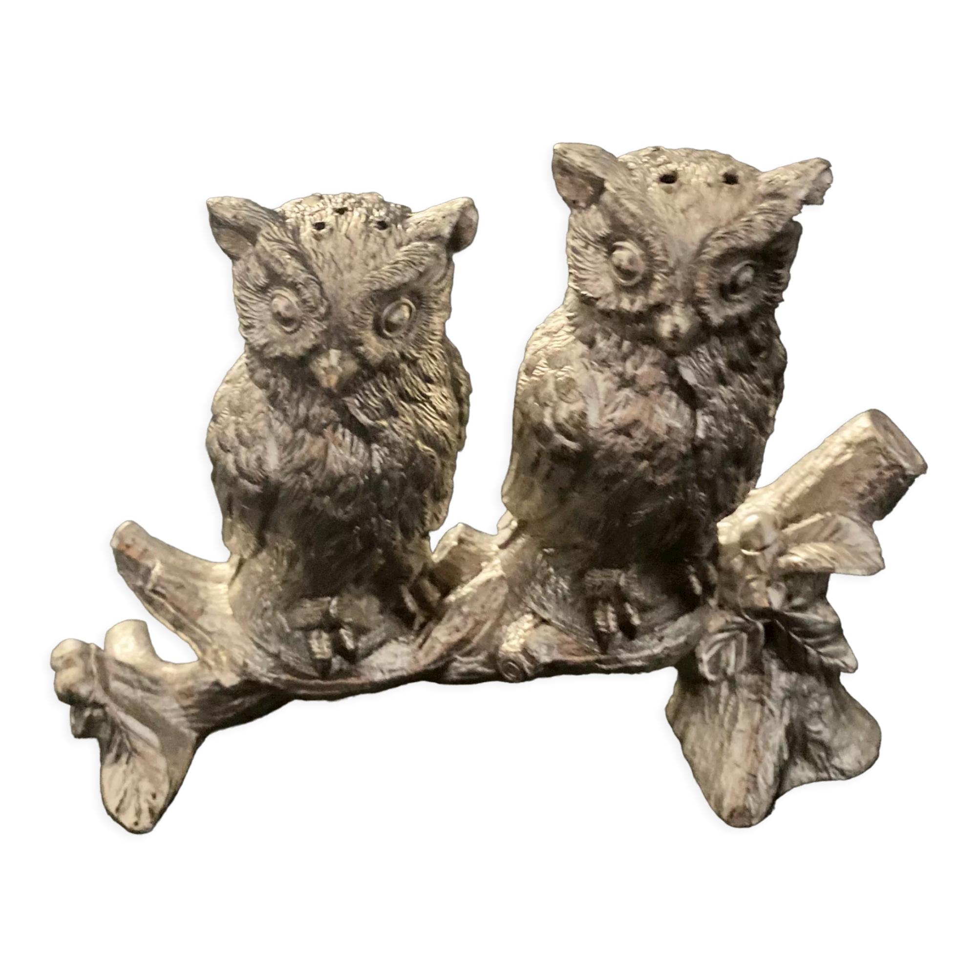 Duo of salt shaker and pepper owl shape in metal