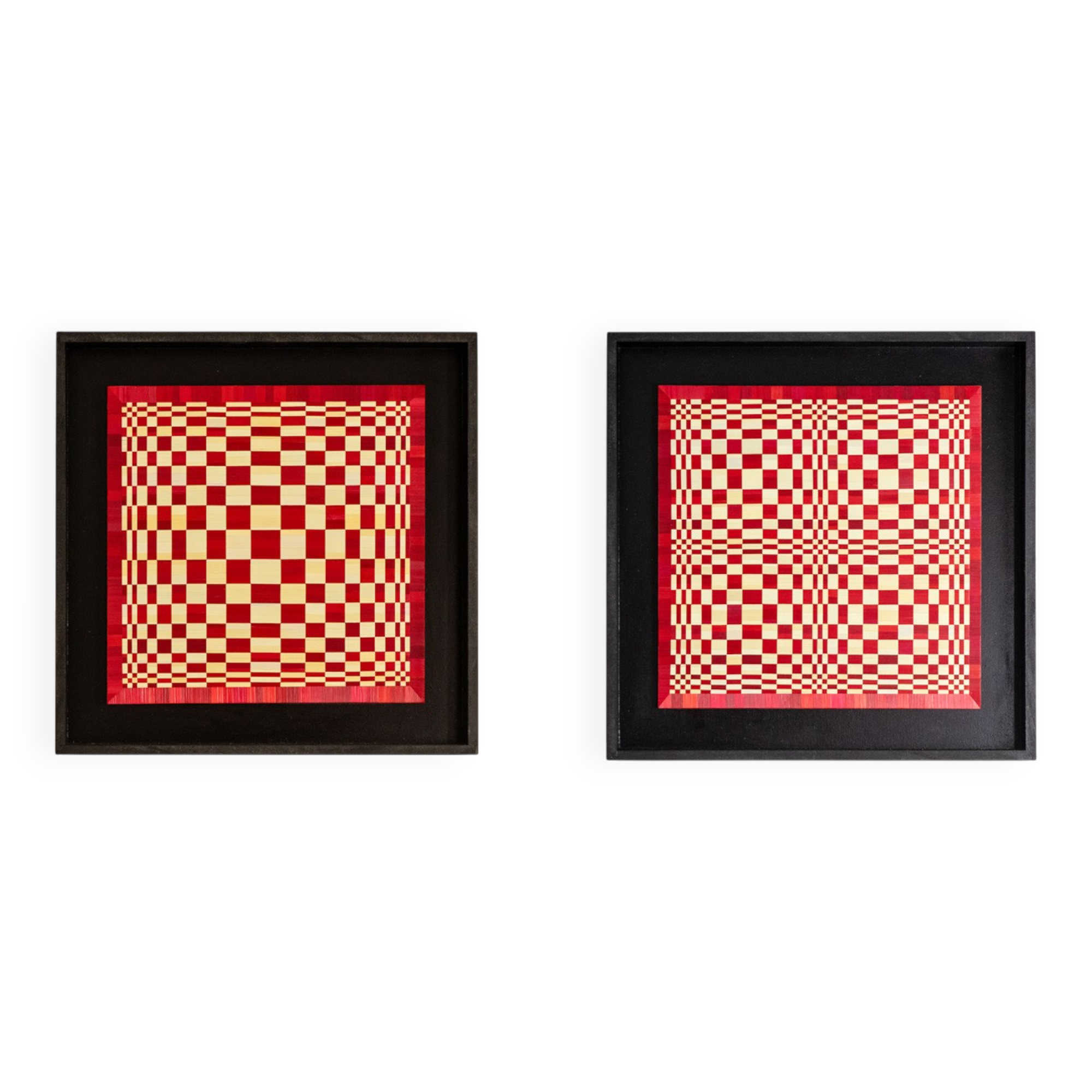 Pair of panels in red and gold straw marquetry. Contemporary.