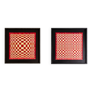 Pair of panels in red and gold straw marquetry. Contemporary.