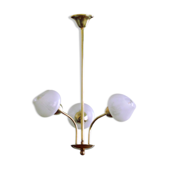 Vintage brass chandelier tulip white strié glass 1950 3 old light lights restored