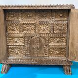 Travel cabinet with multiple drawers in carved wood early 20 th