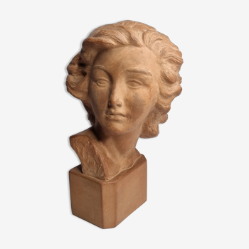 Bust of a young woman in signed terracotta, 38 cm