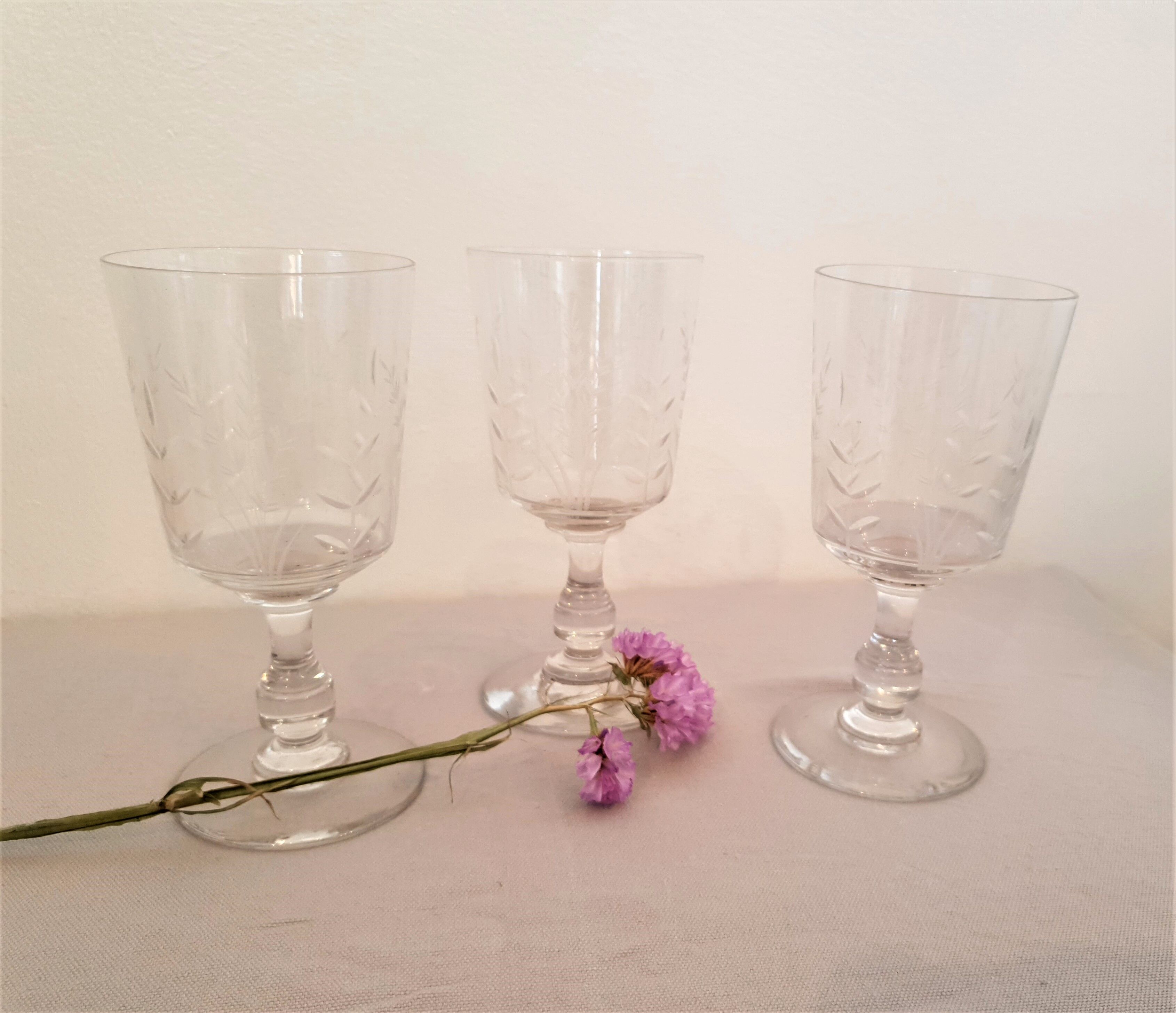 3 cut crystal glasses, foliage