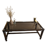 Table rotin vintage et verre rectangulaire