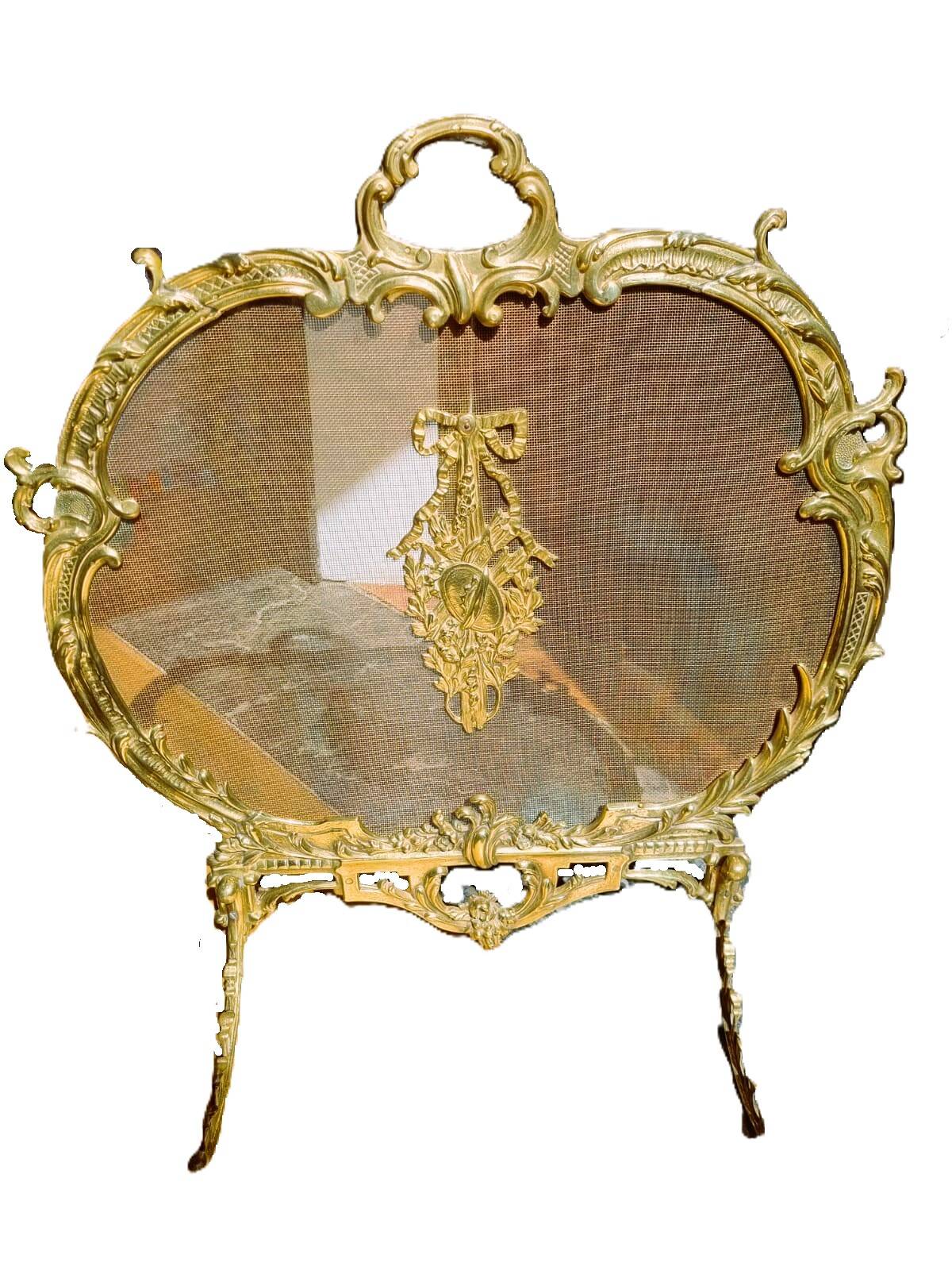 Fire screen, 19th century spark screen in gilded bronze
