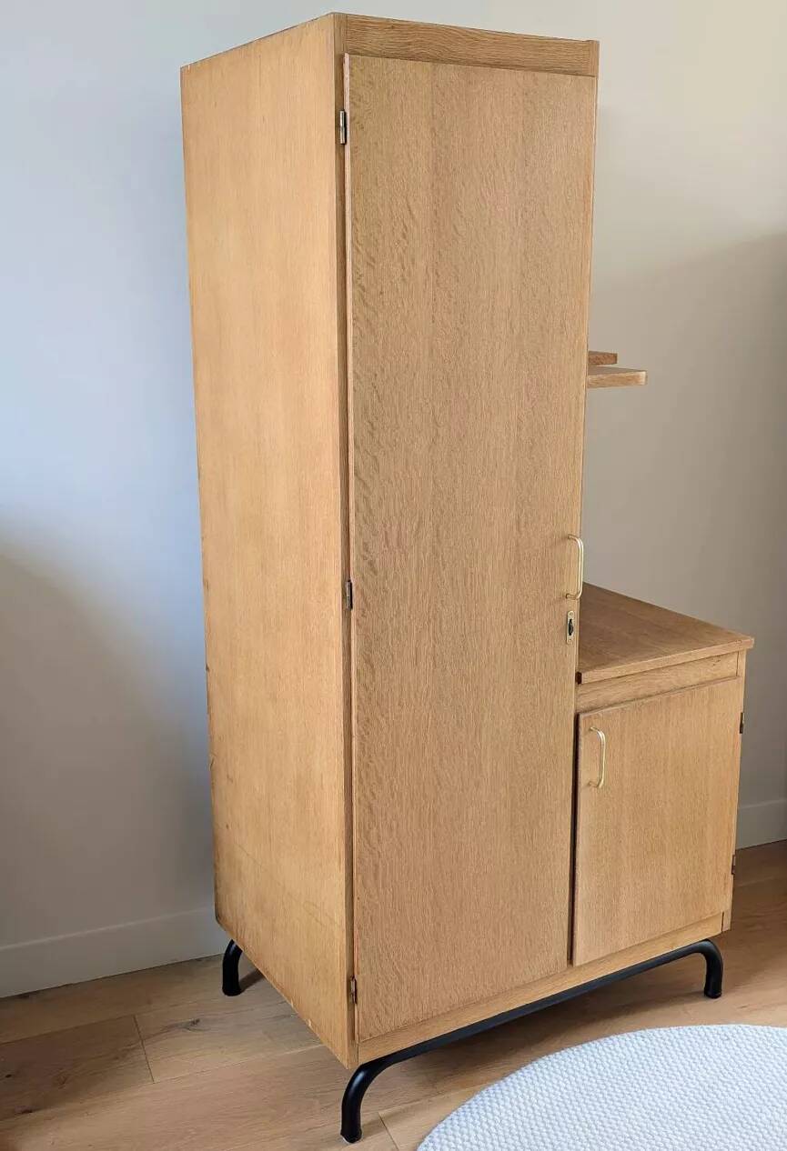 Renovated vintage asymmetrical oak wardrobe