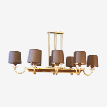 Golden chandelier, 8 lamps, brass, lucite and black, France, Arlus