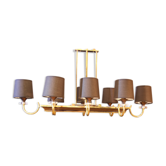 Lustre doré, 8 lampes, laiton, lucite et noir,  France, Arlus