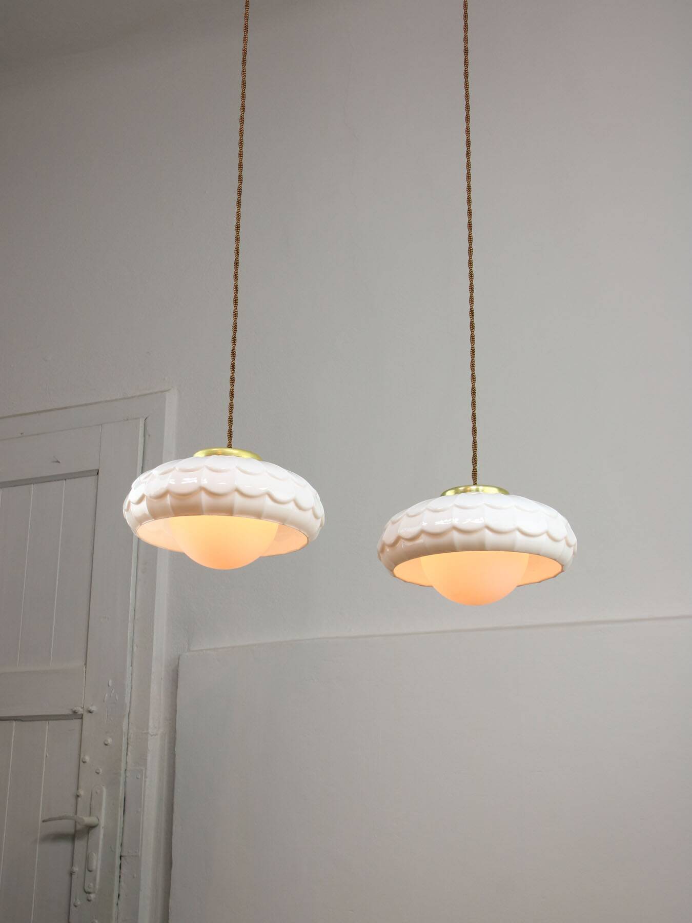 Mid-Century Italian Ceramic & Brass Pendant Lamps, Set of 2