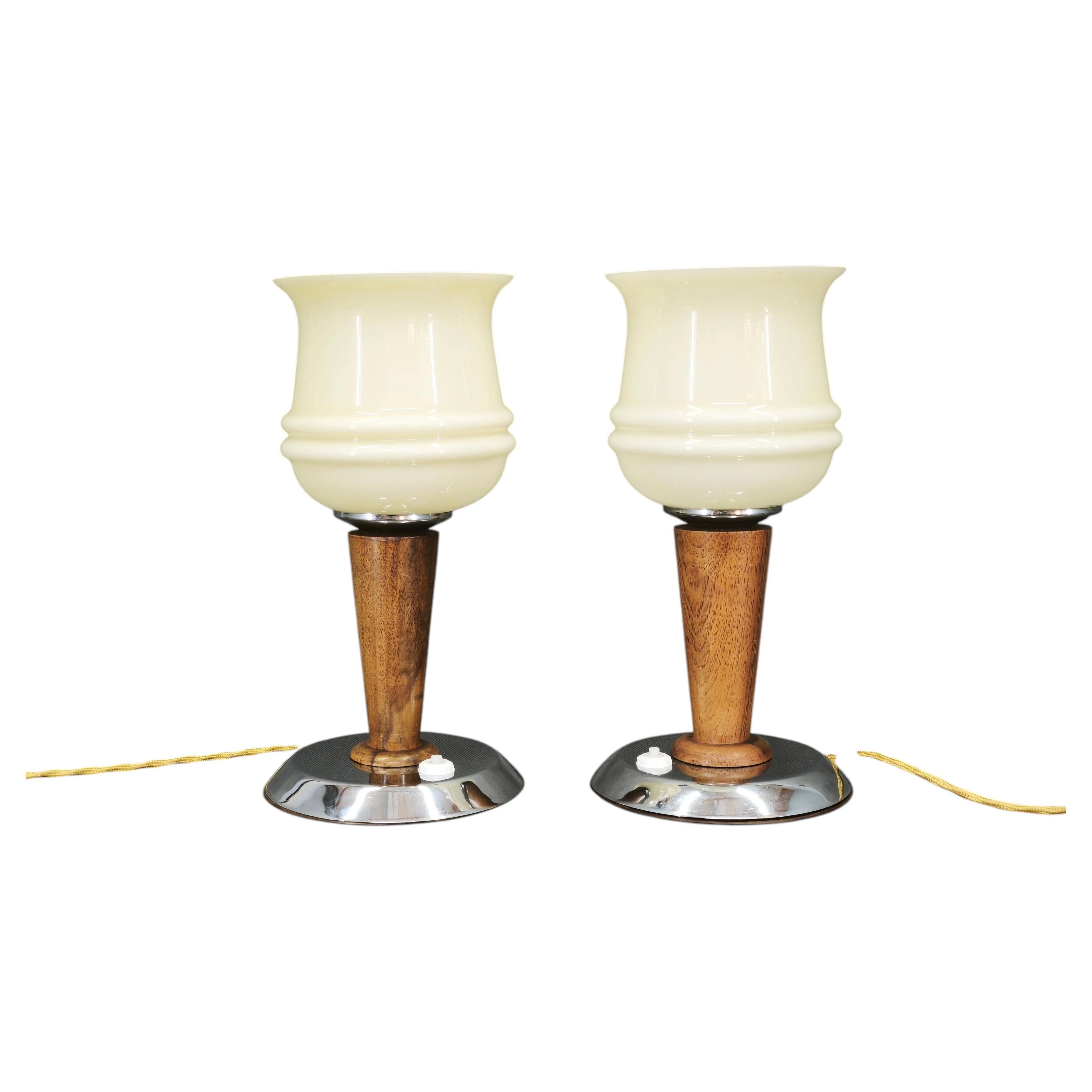 Pair of Italian Opaline Glass, Wood and Chrome Table Lamps, 1950s