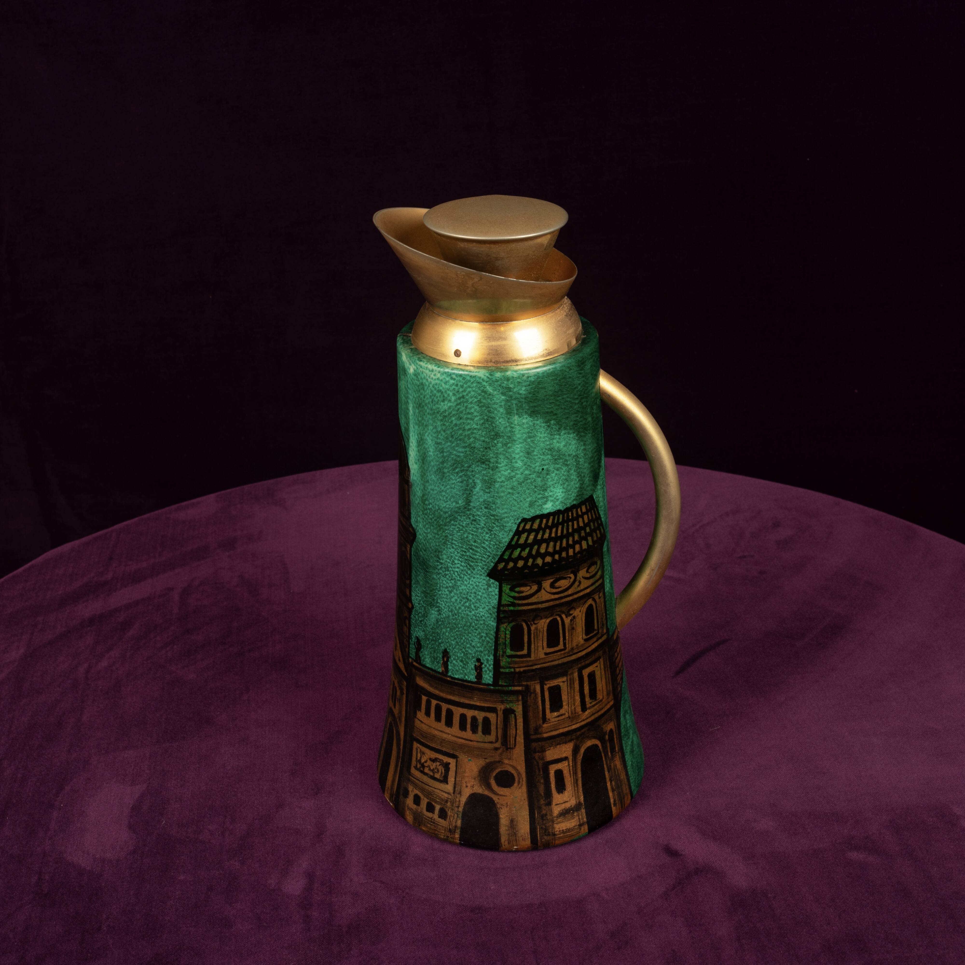 Aldo Tura Mod. 968D Hand-Decorated Green Goatskin Parchment Thermos Italy 1960