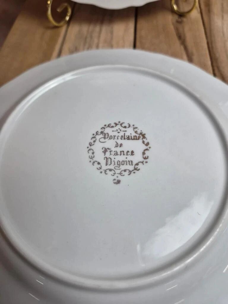 Set of 4 dessert plates French porcelain Digoin romantic floral gold decoration