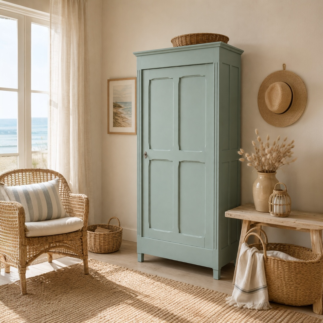 Antique Parisian wardrobe in grey-green solid pine.