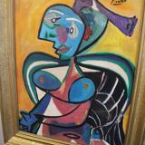 Portrait moderne du milieu du siècle, composition Bauhaus, peinture à l'huile, années 1960, encadrée