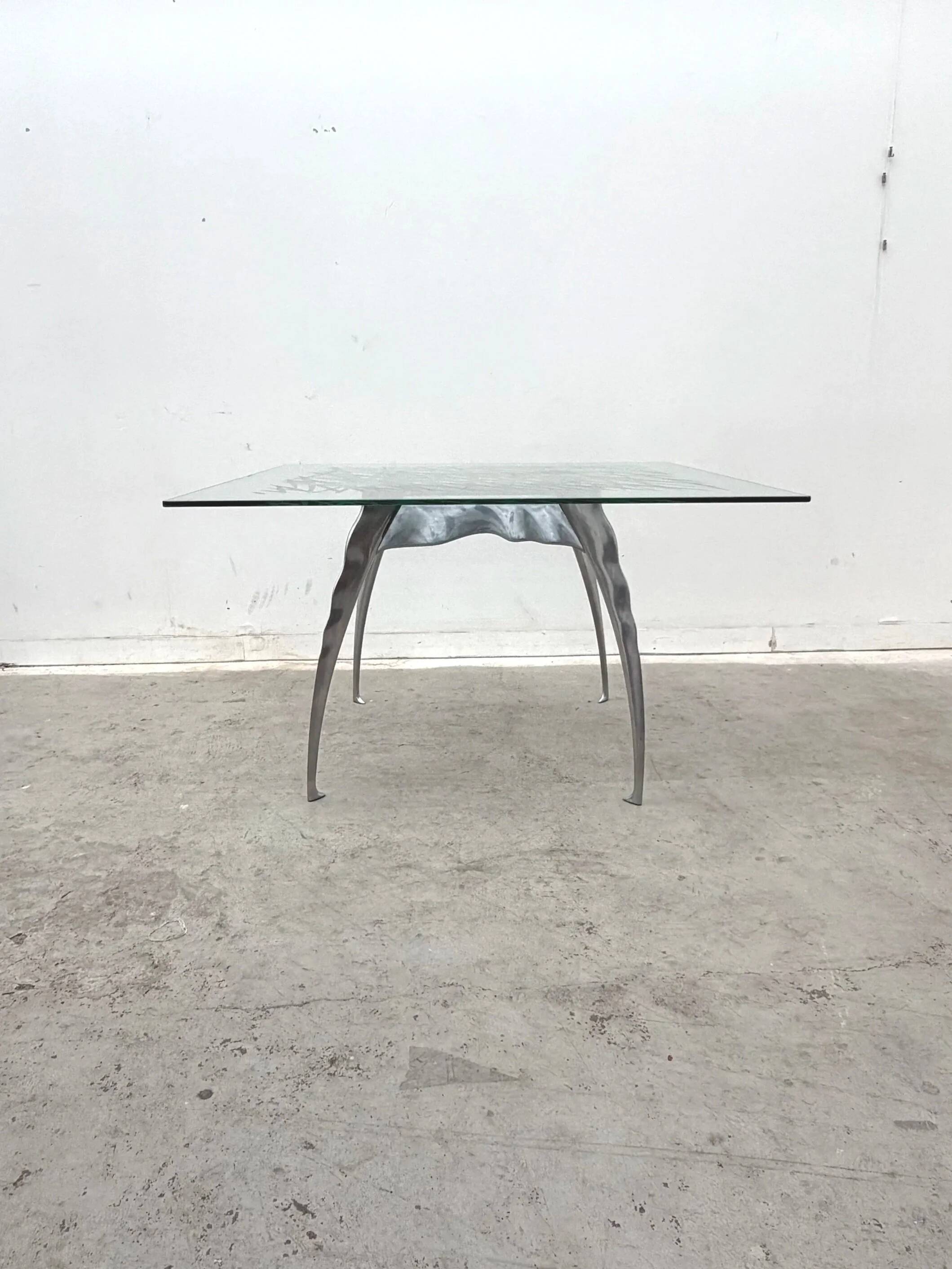 Dining table by Bernard Dequet for Protis France Design in cast aluminum and leather, France 1980