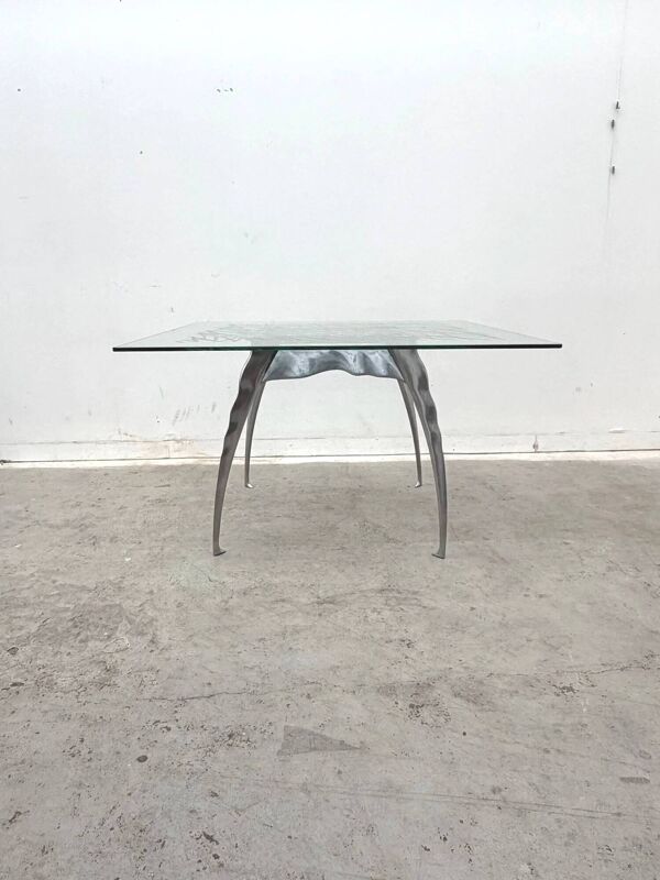 Table à manger de Bernard Dequet pour Protis France Design en fonte aluminium et cuir, France 1980