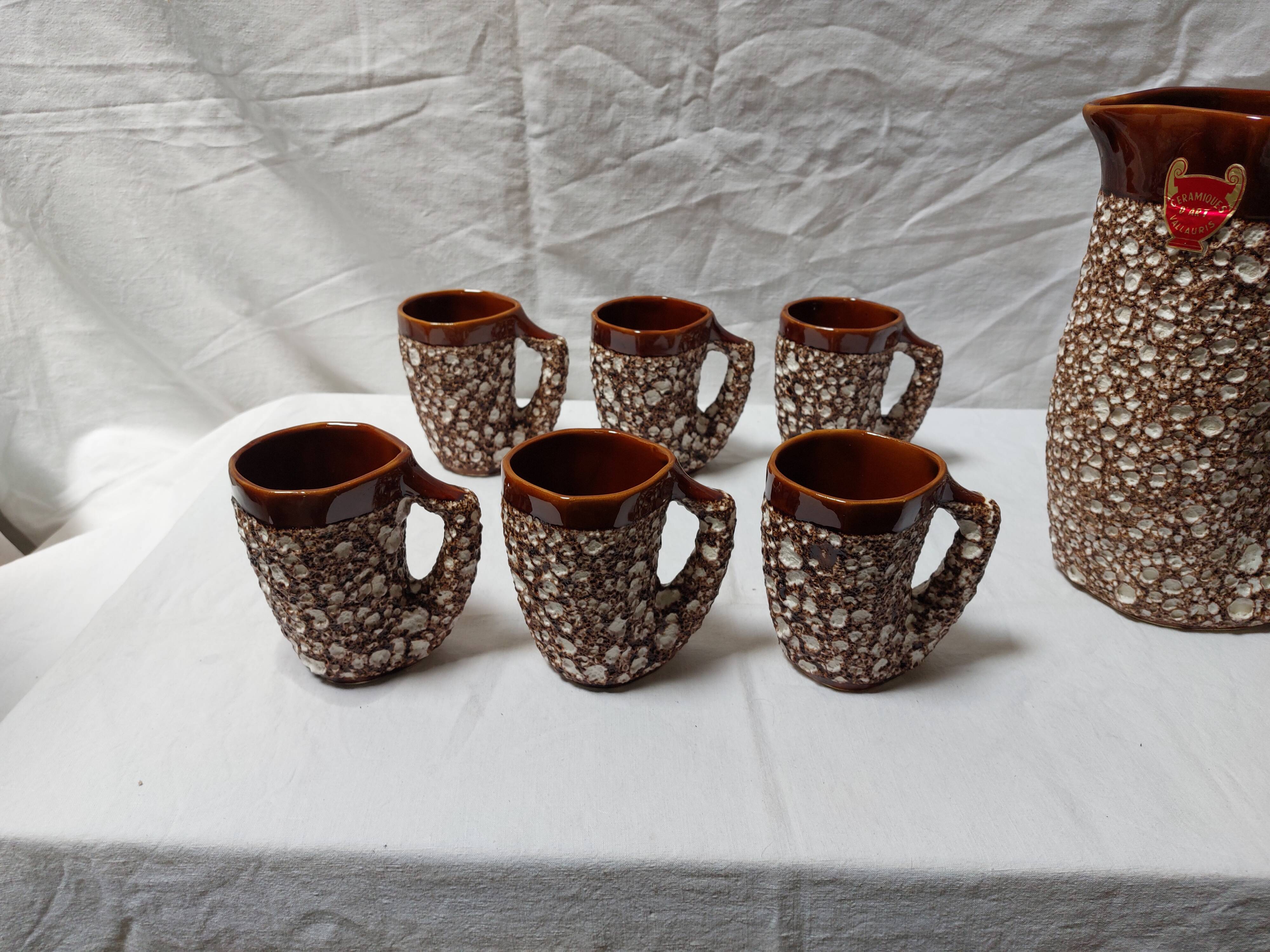 Vintage Vallauris orangeade service with 6 brutalist ceramic glasses.