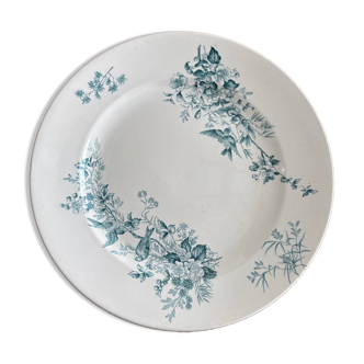 Round plate Longwy model Mignon – Antique earthenware with floral and bird decoration.