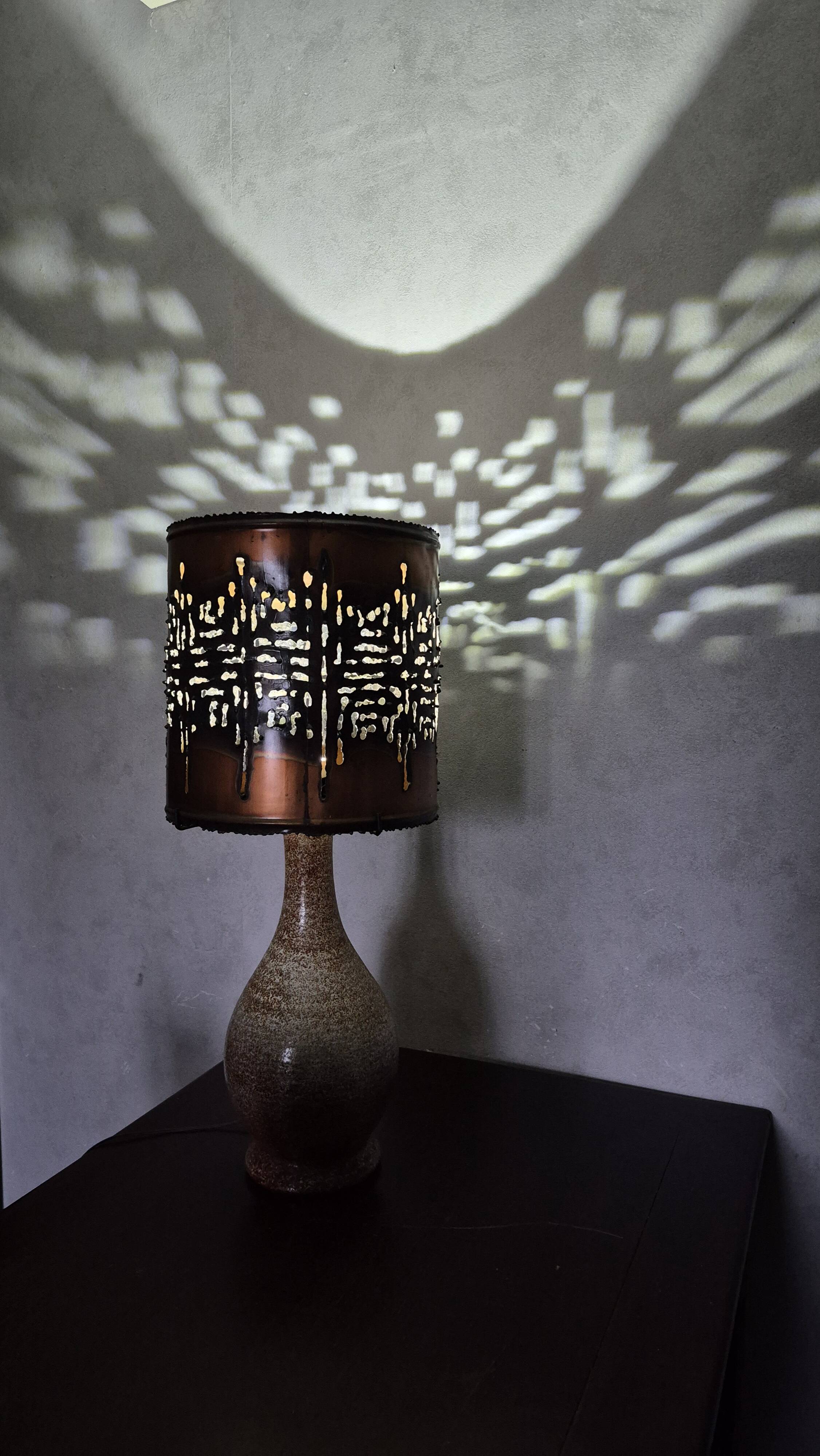 Large vintage Accolay lamp with flamed ceramic and metal shade.