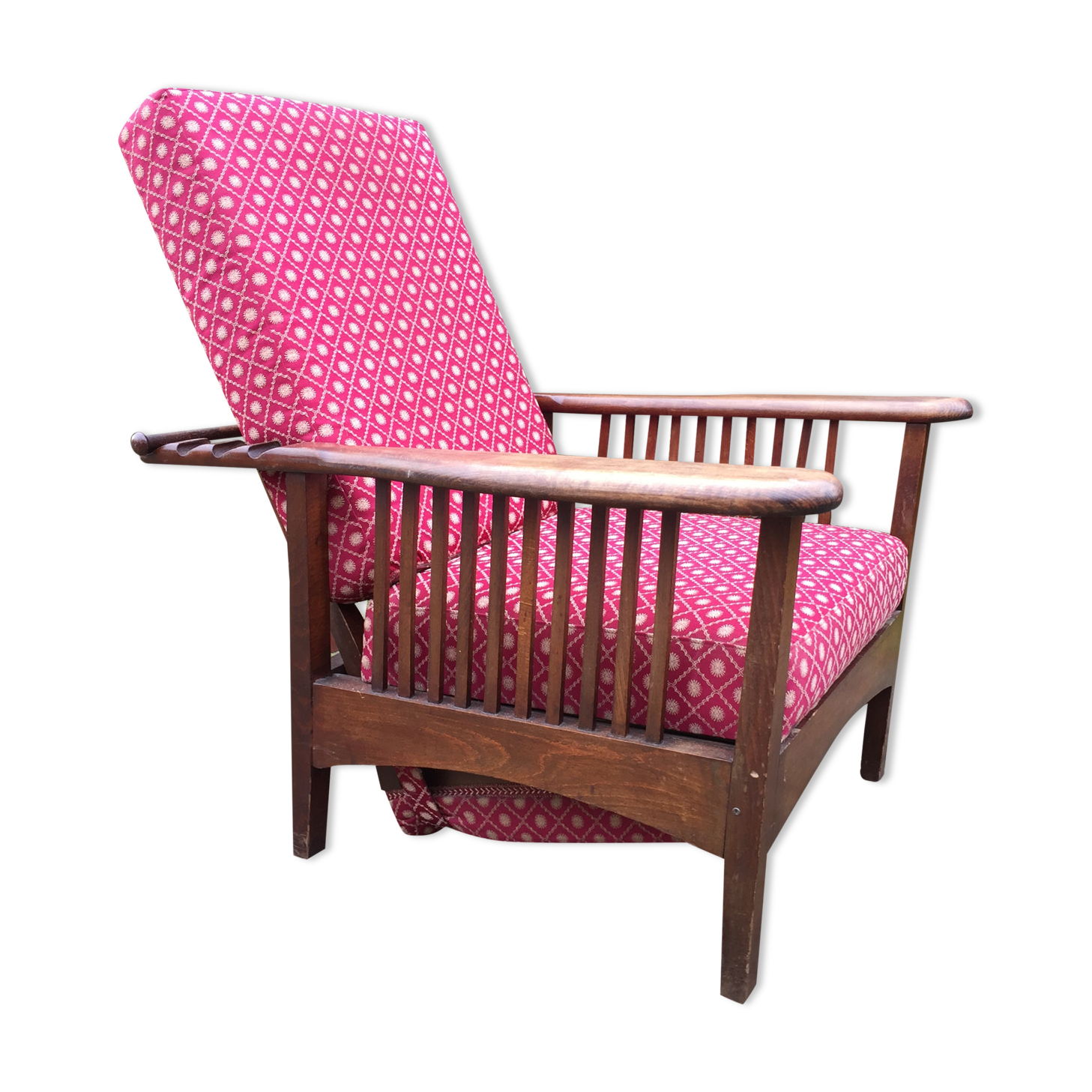 Vintage morris armchair in beech and fabric bordeaux napoleon iii
