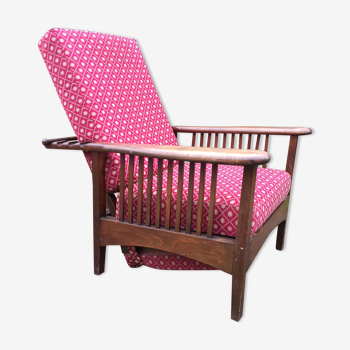 Vintage morris armchair in beech and fabric bordeaux napoleon iii