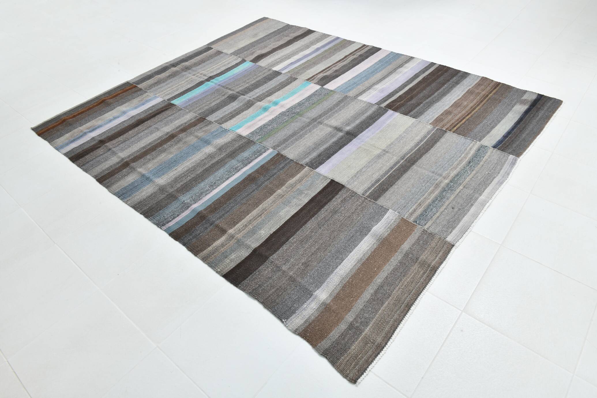 7x9 Gray & Teal Green Handmade Kilim Rug, 224x264Cm