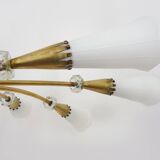 Modernist chandelier with 10 brass branches and white glass tubes, 1970s