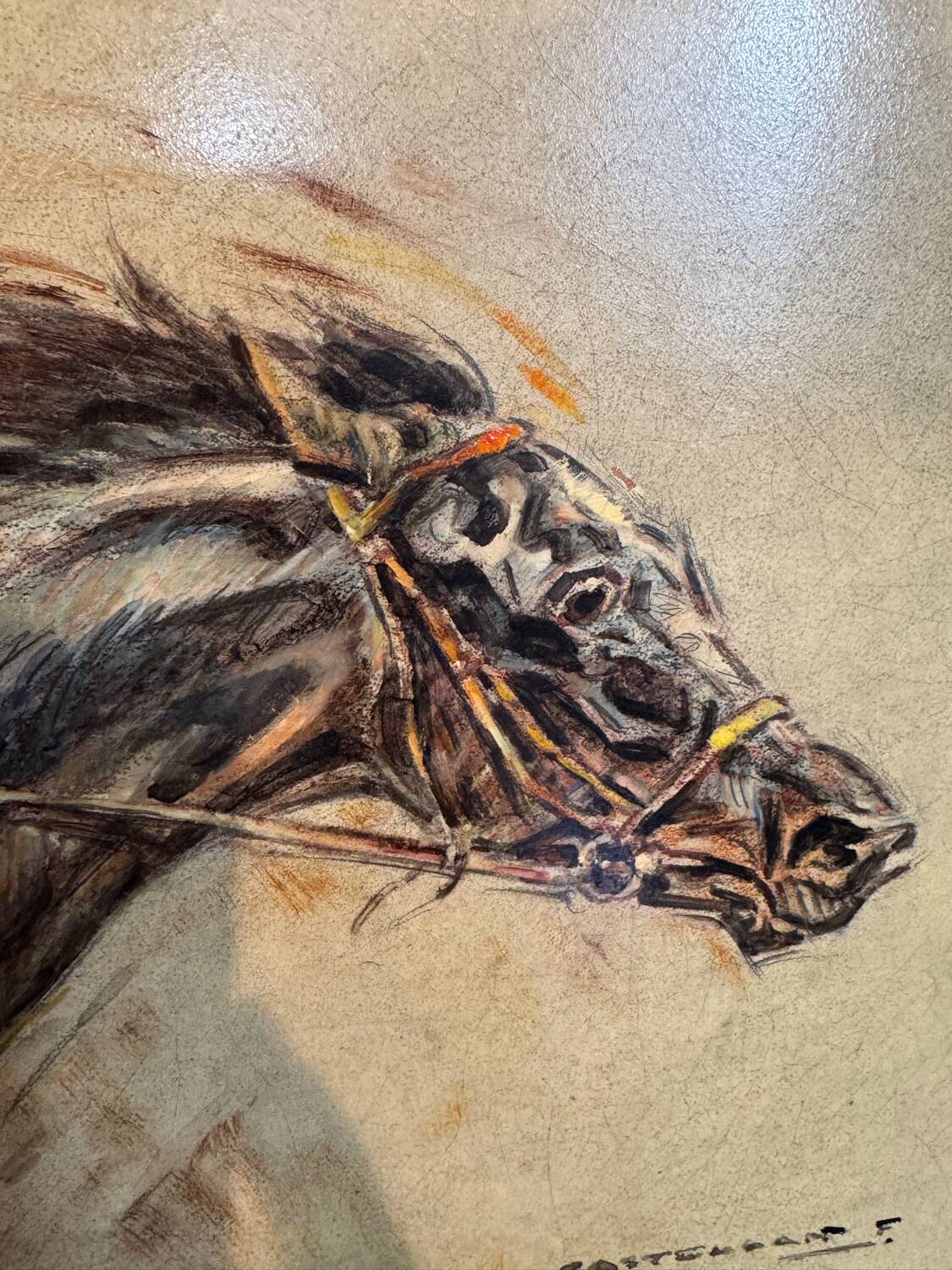 Old painting, horse scene, signed F Castellan, early 20th century