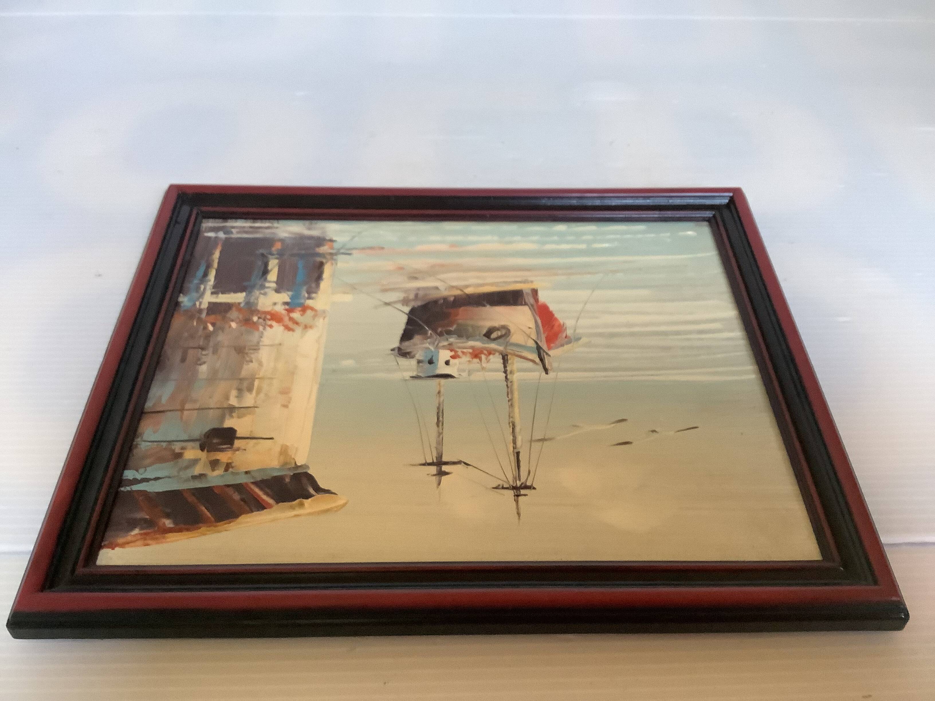 Small marine painting of a boat in oil on panel.