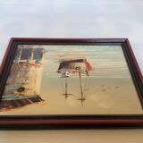 Small marine painting of a boat in oil on panel.