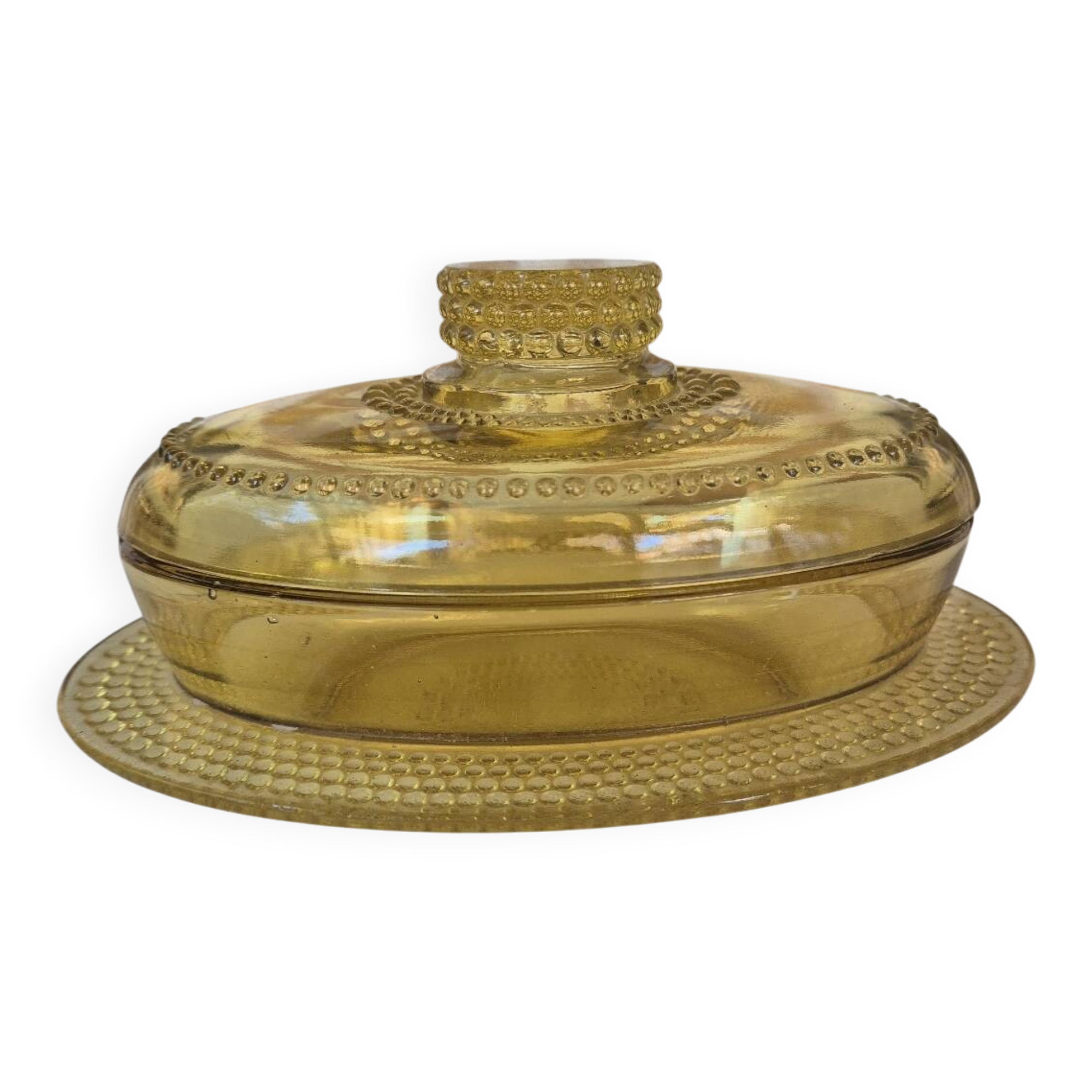 Amber glass butter dish, 1940