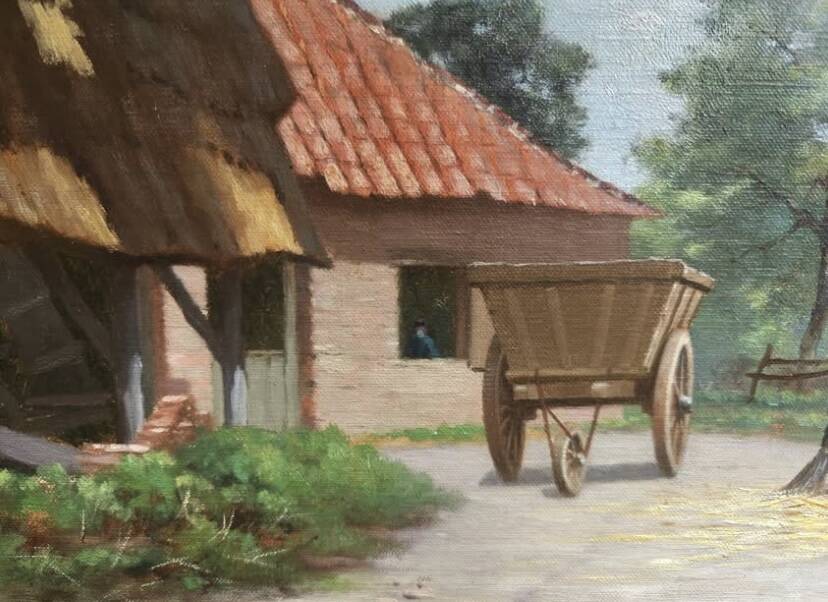 Antique oil painting, french barbizon school, wooden frame