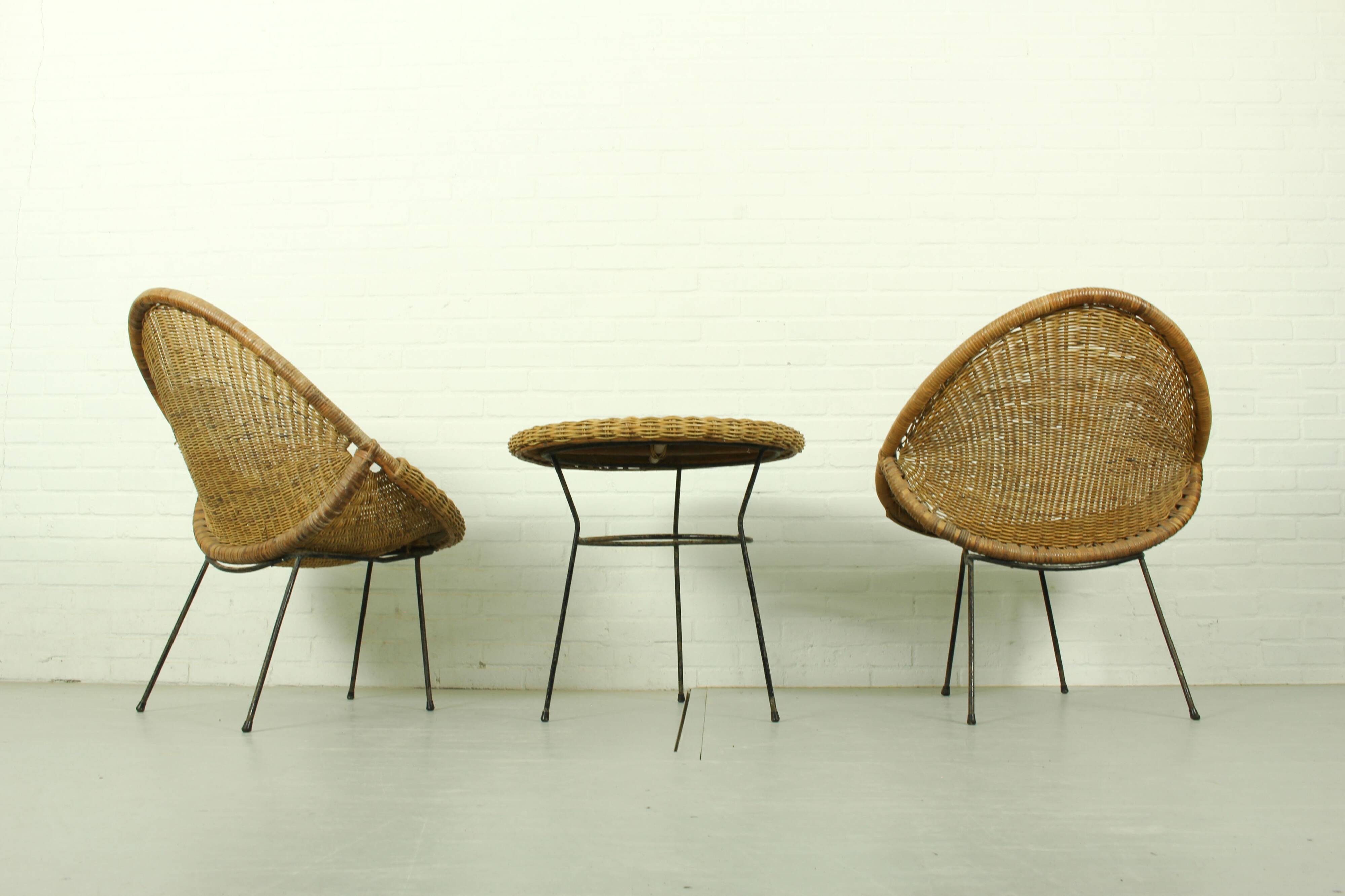 1950s Italian Rattan Basket Chairs & Matching Bistro Table Set