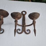Pair of antique 15th century medieval castle wrought iron candlesticks