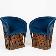 Mexican Equipal Style Chairs in Navy Blue Velvet by Wim Rietveld, Set of 2