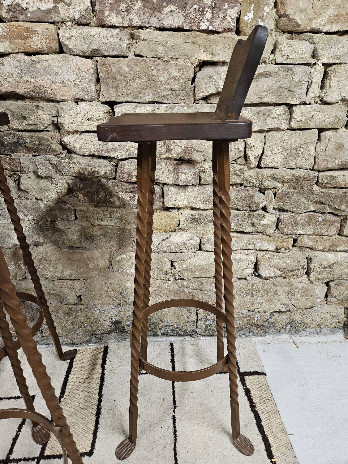 Set of 8 brutalist wrought iron bar stools 1970"