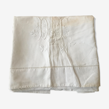 Drap ancien brodé - monogramme DF