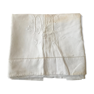 Drap ancien brodé - monogramme DF