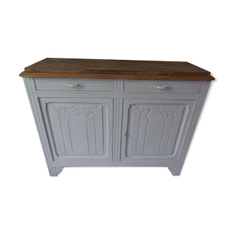 Art Deco buffet patinated pearl grey waxed finish, raw wooden tray.
