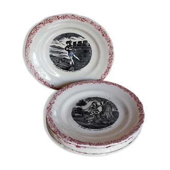Six assiettes à dessert parlantes terre de fer de Choisy-le-Roi fin XIXème