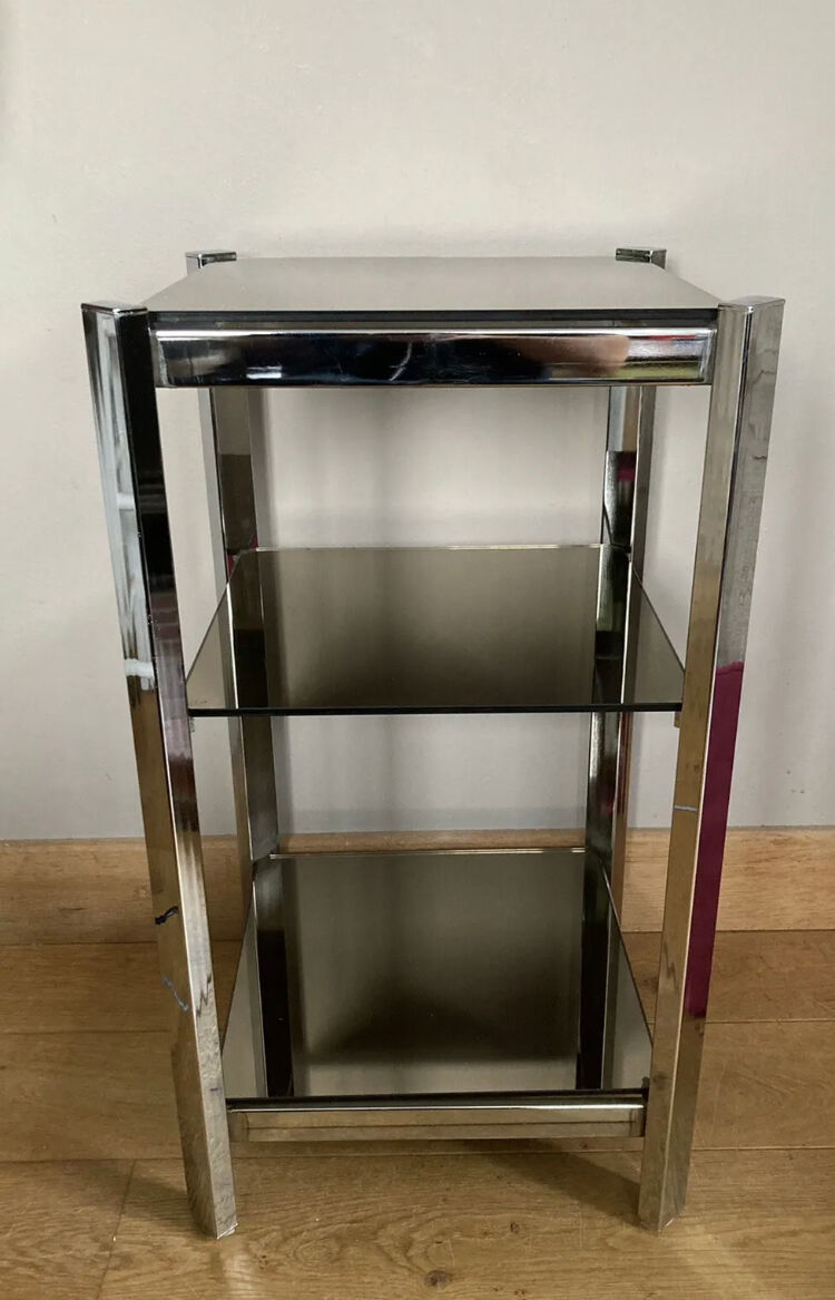 1970s sofa end harness in chromed metal, 3 removable shelves smoked mirrors (available)