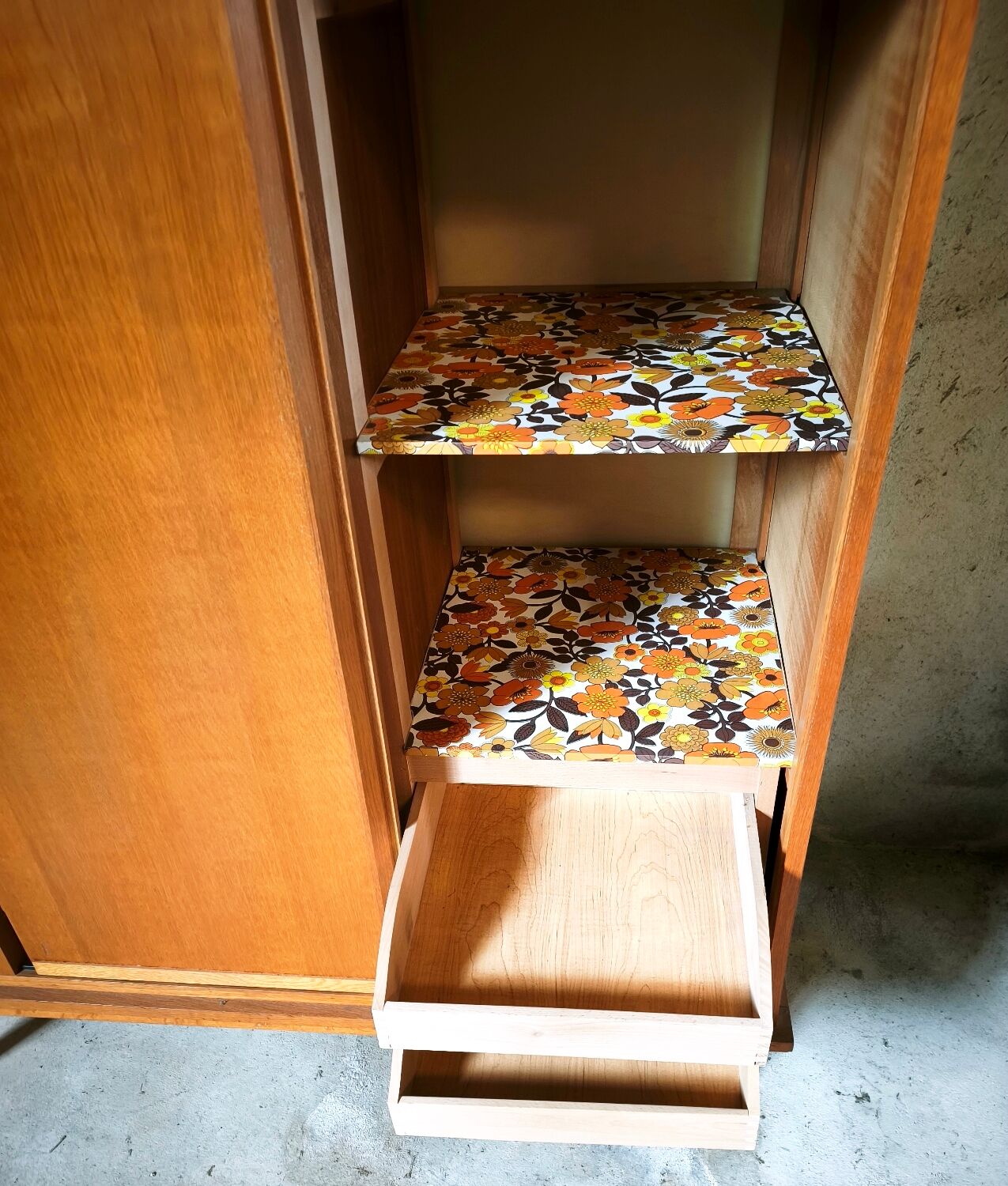 Vintage Scandinavian wardrobe, tapered legs, sliding door.